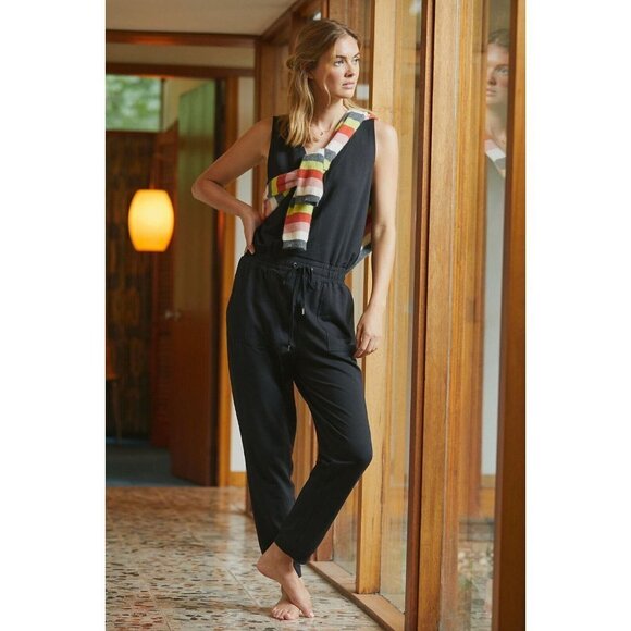 NWT Anthropologie Lounge Jumpsuit XSP $130 Black Sleeveless Travel Loungewear - Picture 1 of 9